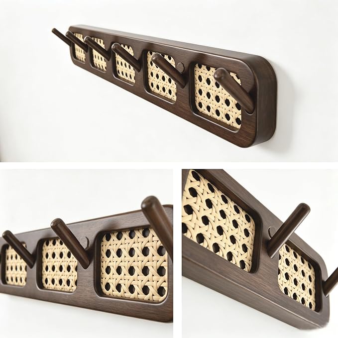 Coat Rack Wall Mount, Rattan Coat Hooks Hanger Wall Mounted | Wall Mount, For Hanging Clothes Hats Bags Jacket Towels Plants Rack Rail