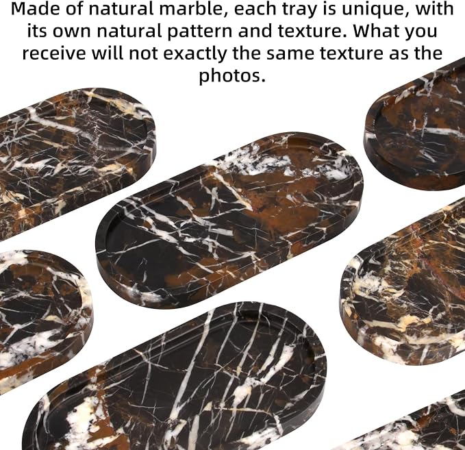 Natural Marble Tray Oval, Bathroom Vanity Tray for Countertop, Elegant Stone Decorative Organizer for Perfume, Jewelry, Home Decor (1, Black Gold, 10 x 5 x 0.6)