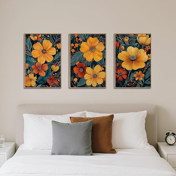 SIKERIC Vintage Orange Floral Wall Art Set of 3, Mid Century Flower Framed Canvas Art Painting, Modern Nature Botanical Art Prints, Boho Neutral Plant Wall Decor for Living Room, Bedroom, Office-24x36