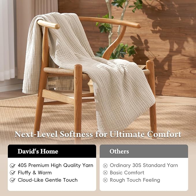 David's Home 100% Natural Cotton Muslin Blanket Queen Size, 4-Layer Soft Breathable Lightweight Comfy Cozy Throw Guaze for Hot Sleepers, 3D Bubble Room Decor for Bed Couch, Giftable, Brich, 90"x90"