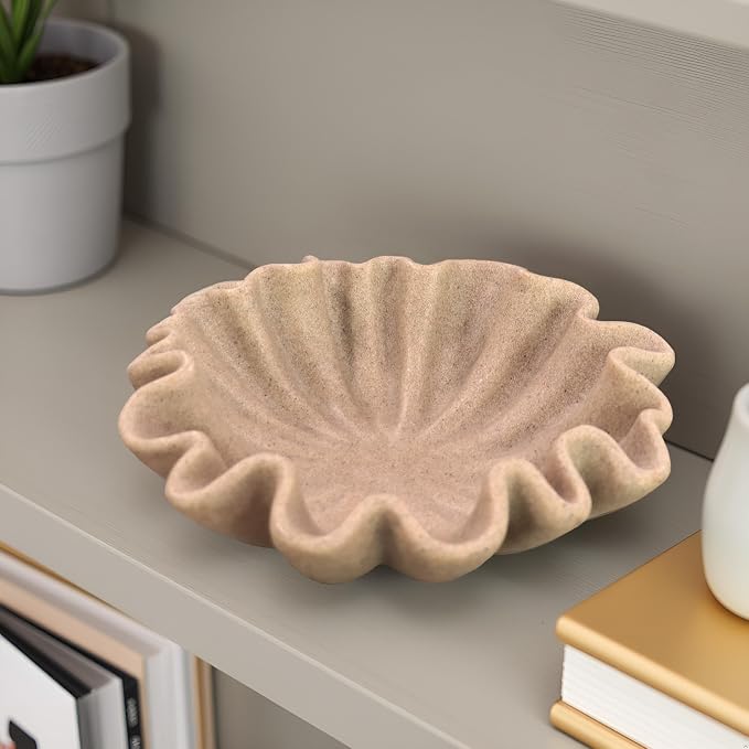 10" Large Handmade Decorative Bowl decor , Handicraft Scalloped Bowls for Modern Home Decor,Ruffle Decor,Key Bowl for Entry Table,Decorative Fruit Bowl for Kitchen Counter,Artificial Stone Beige