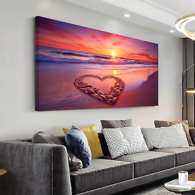 Ggaafet Romantic Love Beach Wall Art for Bedroom Canvas Painting Prints Romance Sunset Red Sandbeach Art Deco Modern Artwork Office Family Room Decor