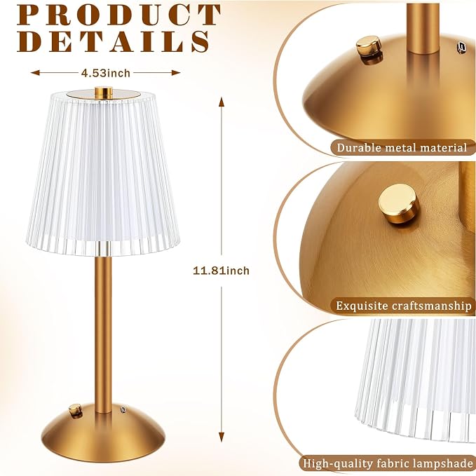 Liliful 4 Pcs Cordless Table Lamp Rechargeable Touch LED Small Gold Portable Battery Operated USB-c Desk Lamp 3 Color Dimmable for Bedroom Living Room Dining (Gold,Hollow Lined Style)