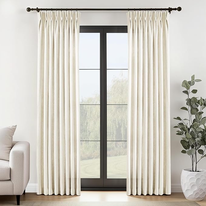 Beige Cream Pinch Pleated Linen Curtains 84 Inch Long for Living Room Bedroom 2 Panels Natural Birch Viral Back Tab Farmhouse Pinch Pleat Curtain with Hooks Rings Floor to Ceiling Semi Sheer Drapes