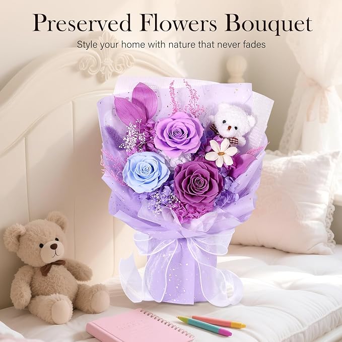 Preserved Flowers Bouquet with Bear, 3 Real Forever Flowers for Delivery, Long-Lasting Purple Eteranl Roses Bouquet, Mothers Day Gifts for Mom Grandma, Anniversary Birthday Gifts for Women Girlfriend