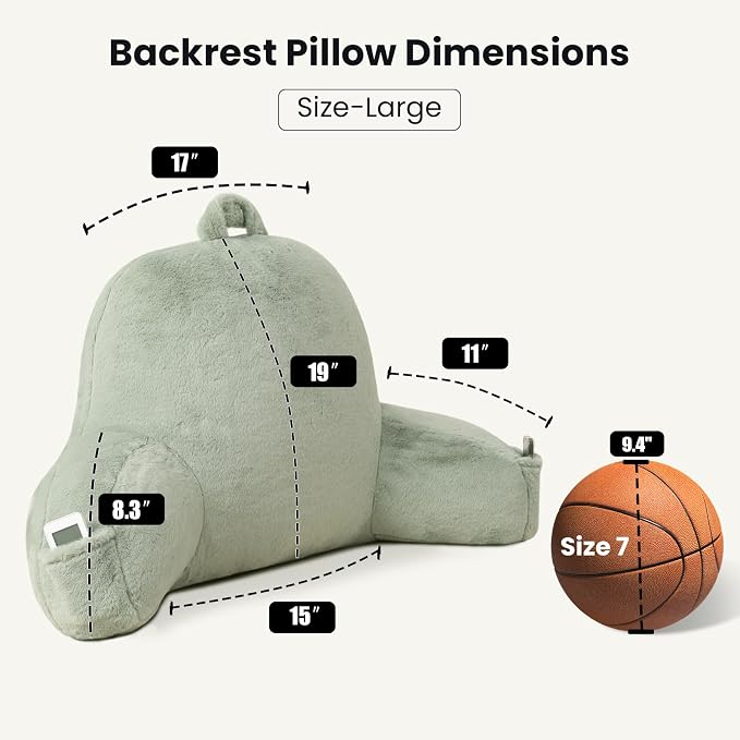 Large Plush Backrest Pillow for Sitting in Bed,Faux Fur,Green | 19" Back Pillow with Arms Supports Adults,College Students,Elbows & Forearms for Dorm Reading,Gaming,Watching TV