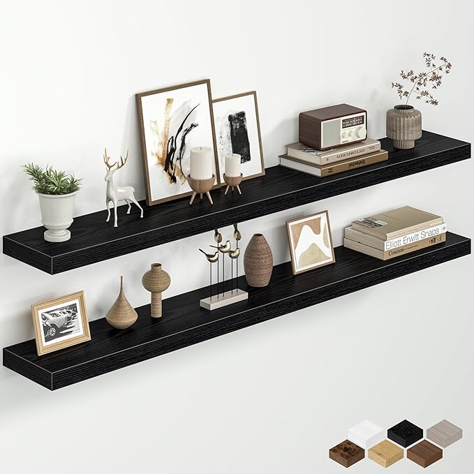 Fun Memories 55 Inch Floating Shelves for Wall, 8 Inch Deep Rustic Wood Wall Mounted Shelves with Invisible Brackets for Bathroom, Bedroom, Kitchen & Living Room Storage Decor, Black, 2 Pack