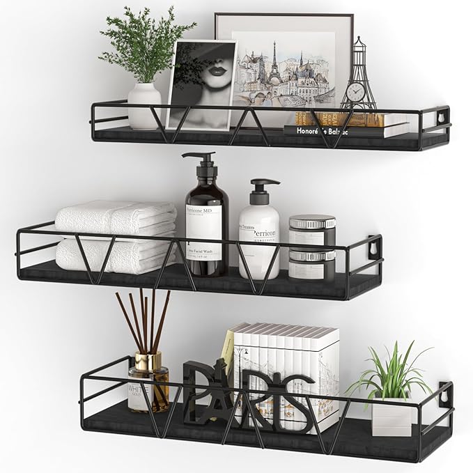 Amaoot Floating Shelves Set of 3, Home Wood Wall Shelf, Farmhouse Shelf for Bedroom, Wall Mounted Floating Shelf for Living Room, Bedroom, Bathroom, Kitchen, Office (Black 2)