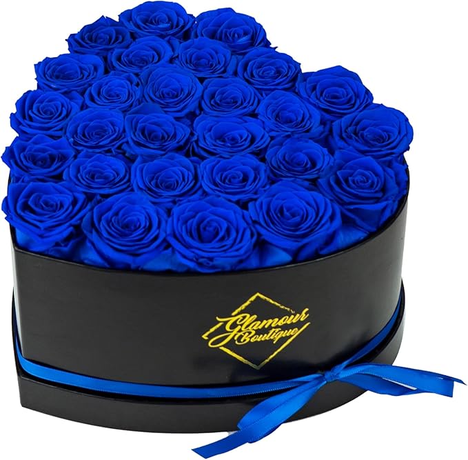 GLAMOUR BOUTIQUE 27 Flower Forever Heart Shape Box, Eternal Preserved Roses Gift for Her, Lasting Flowers, Premium Floral Heart Box for Birthday, Anniversary or Valentine’s Day, Blue (Color-Treated)