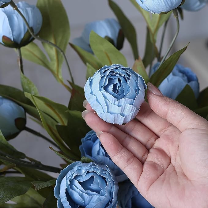 VIERENA 6 Pcs Faux Silk Peony Artificial Flowers for Vase -27", Bulk Fake Peonies Branches with Stems for DIY Bouquet Centerpieces Wedding Fillers Arrangements Shower Decorations (Dusty Blue)