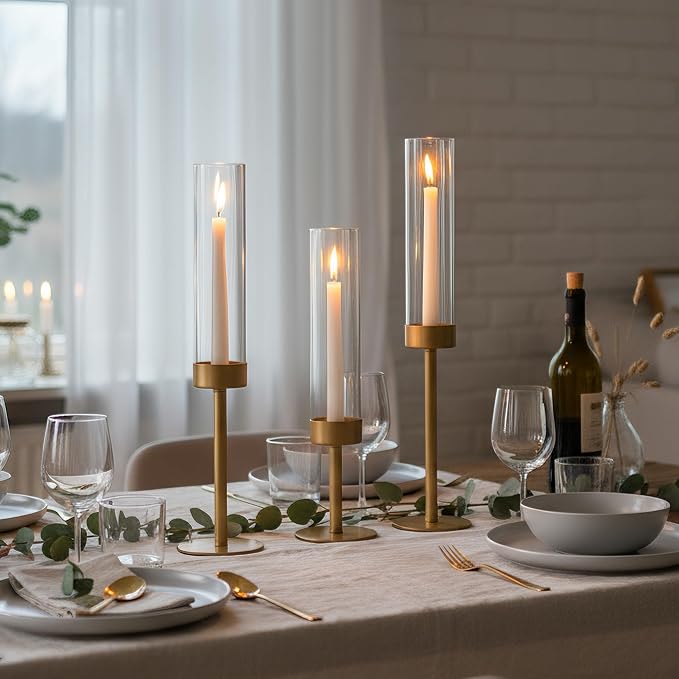 Ronasip Hurricane Candle Holders Set of 3, Matte Gold Metal Taper Candlestick Holders with Clear Glass Chimney Cylinder Tubes, Tall Candle Stands for Wedding, Christmas, Dining Table Centerpiece Decor