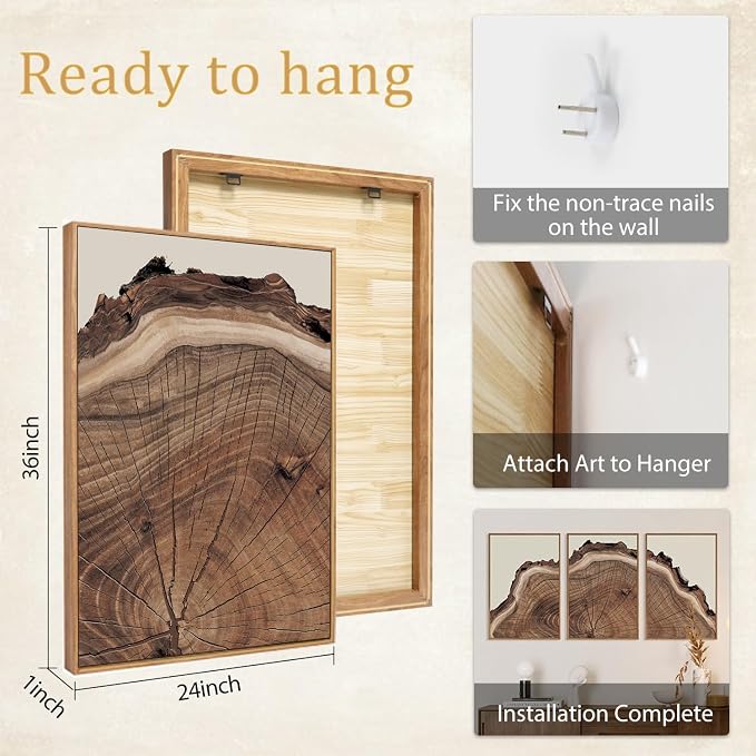 SIKERIC Framed Nature Tree Ring Wall Art, (24X36 inch) Modern Wood Stump Canvas Wall Art Set Of 3,Large Wood Tree Spiral Art Prints, Abstract Wall Painting for Living Room, Bedroom, Office