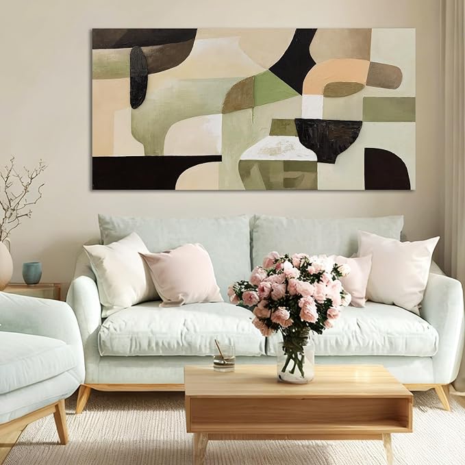 ZUNARE Modern Abstract Green and Beige Canvas Ceramic vessel form Wall Art Minimalist Color Block Artwork Contemporary Painting for Living Room Bedroom Office Wall Decor 24x48 Inch