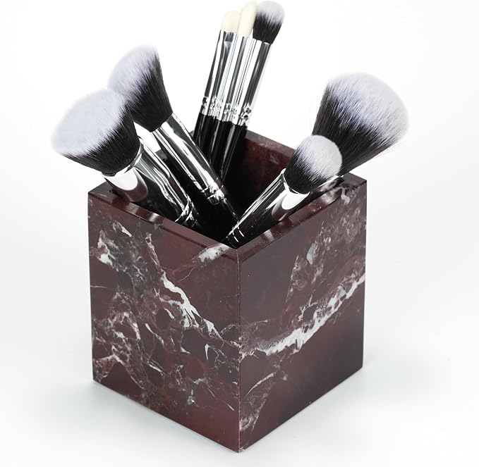 Marble Makeup Brush Holder - Viola Red Candle Toothbrush Cup For Bathroom Accessories, Decorative Pencil Organizer For Office Desk Aesthetic, Stone Utensil Container For Kitchen Countertop