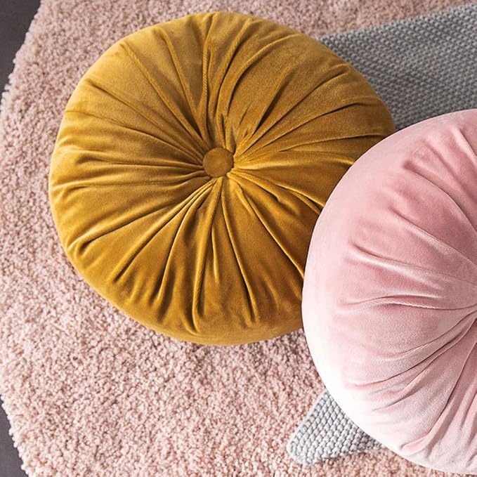 vctops Round Velvet Solid Color Chair Cushion Pumpkin Pleated Throw Pillow Home Decorative Floor Pillow Diameter 15" Pink