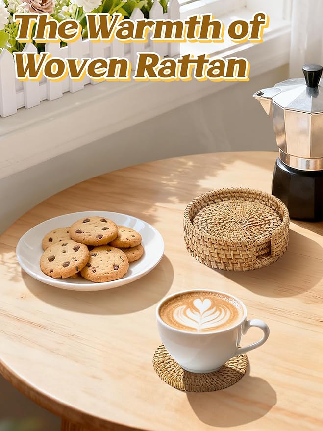 4pcs Natural Handmade Rattan Coasters with Holder - Wicker Drink Coasters Set for Protecting Table, Housewarming Gifts Boho Fall Home Coastal Decor