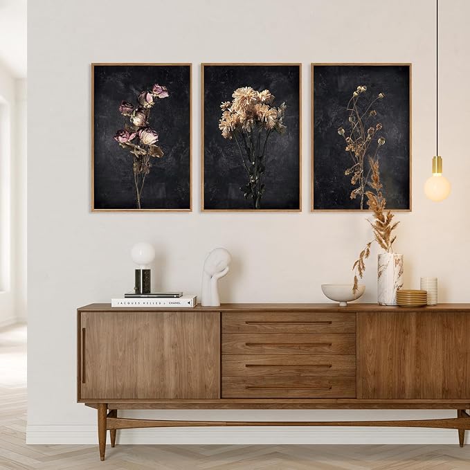 SIKERIC Dark Moody Dried Floral Wall Art, Framed Canvas Print Set of 3, Minimalist Botanical Wildflower Wall Art Decor, Black Modern Farmhouse Wall Art Painting for Living Room, Bedroom, Office-16x24