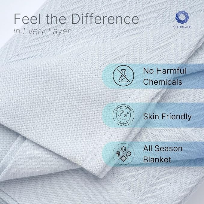 100% Cotton Herringbone Weave Blankets, 108"X90" King,Throw Blanket for Bed,All Season Cotton Blanket, Cozy Blanket,Throws Bed Blanket, Throw Blanket for Couch,Modern Home Decor -Light Blue