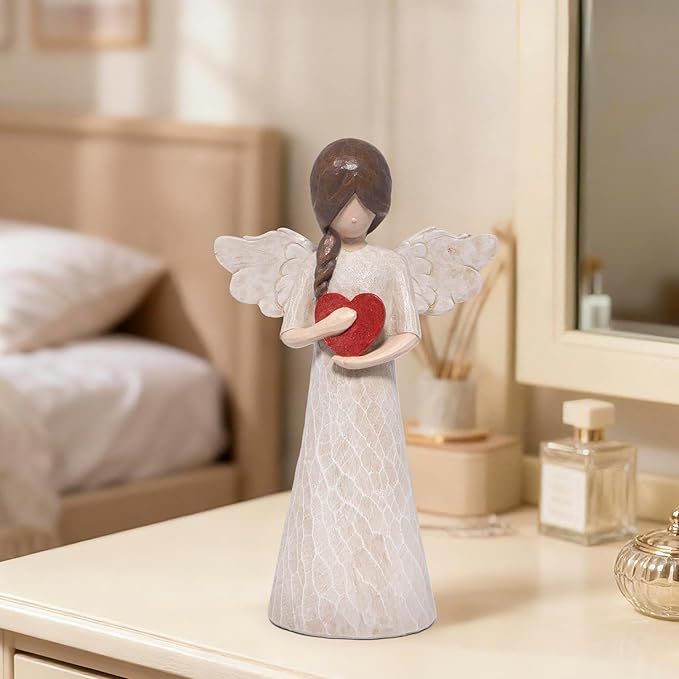 Hodao Angel Figurine with Heart — Wood-Carved Look Resin Christmas Decorations, Indoor Home Decor Ornaments, 8.5" Tall Guardian with Red Heart, Hand-Painted Figurines for Shelf, Mantel & Gift-Giving