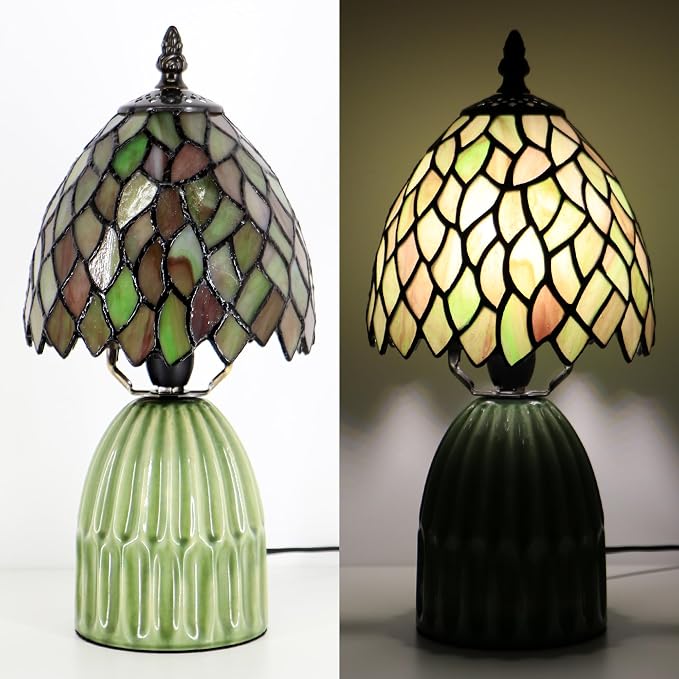 Tiffany Stained Glass Mushroom Table Lamp 12.5 Inch -Brownish Leaf | Tiffany Lamp,6X6X12.5 Inch,Small Night Light,Ceramic Base, Mini Accent Light Suitable,Bedside,Bedroom, Children Room,Antique
