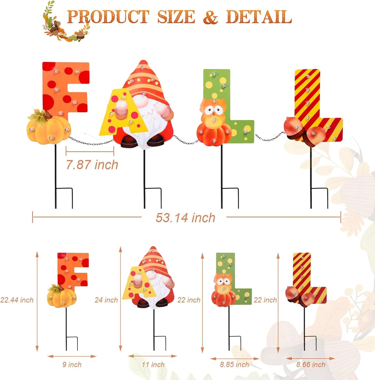 WONDER GARDEN Fall Yard Stakes Yard Signs, 4 Pack Metal Thanksgiving Lighted Garden Stakes, Gnome Sign with LED Lights for Harvest,Outdoor, Lawn,Farmhouse Decorations