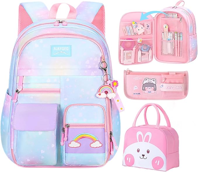Kawaii Backpack, Pink Backpack for Girls, Kid Starry Rainbow Bookbag, Cute Backpack for Kids, Aesthetic Backpack, Blue(3 PCS Set)