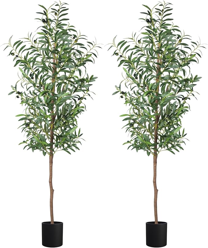 Fake Olive Tree, 5FT 2Pack, 60in Tall Silk Plant | 536 Realistic Leaves, 20 Fruits, With Trunk, Modern Office Home Decor Indoor
