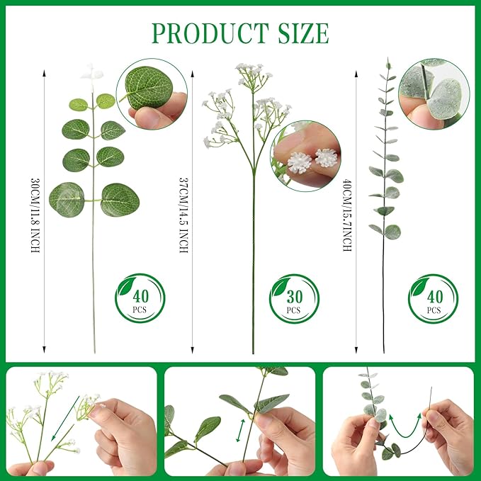 110pcs Mixed Faux Greenery: Real Touch Babys Breath Artificial Flowers Bulk, Eucalyptus Stems & Frosted Silver Dollar for Rustic Wedding Decor, Boho Farmhouse Table Centerpieces