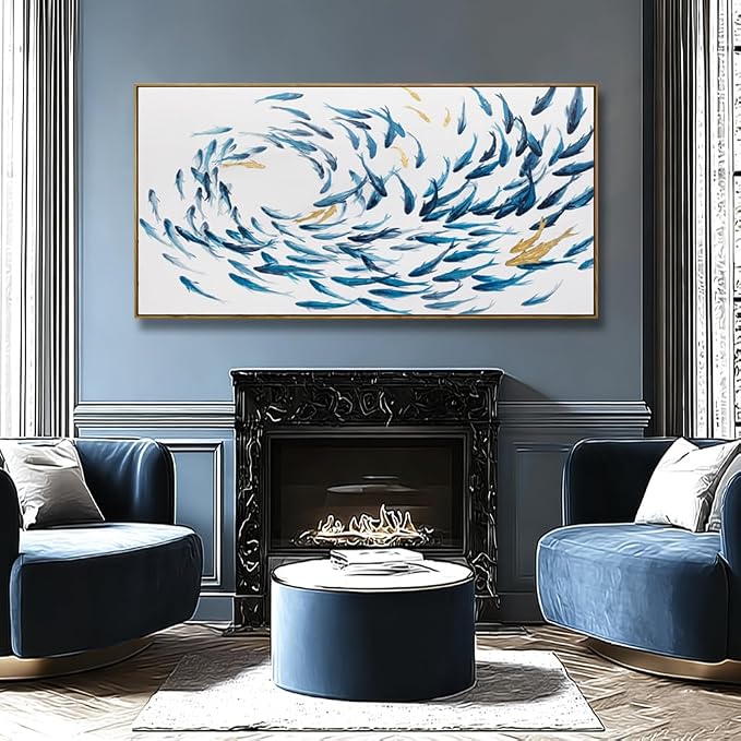 Canvas Wall Art Blue Fish Ocean Sea Framed Artwork Large Pictures Wall Decor Artwork Prints Poster Animal Arts 29"x58"for Living Room Office