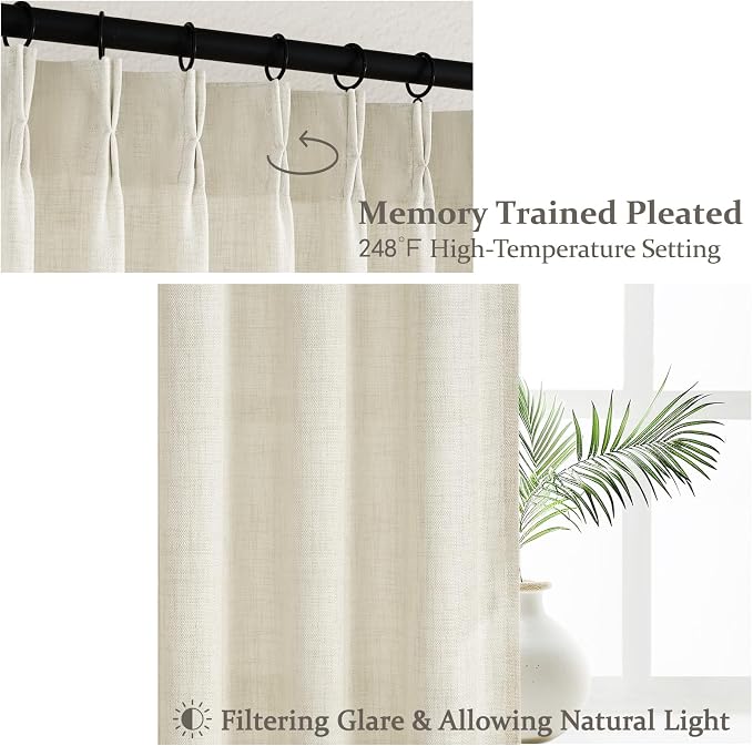 PleatedDrapes Light Filtering Natural Linen Sheer Curtains 104 Inches Long for Office, Cream Beige Memory Trained Pinch Pleat Thick Curtain Modern Windows Drapes 2 Panels Set for Classroom (W40 xL104)