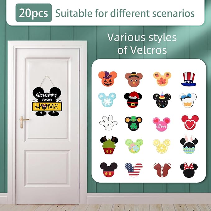 Cute Mouse Seasonal Interchangeable Welcome Door Sign, Welcome to Our Home Sign with 20pcs Interchangeable Holiday Pieces for Farmhouse/Wall/Porch Decor and Housewarming Gift (Yellow)