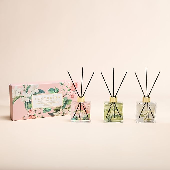 COCORRÍNA Reed Diffuser Set of 3-3 Pack/ 3.04 Fl.oz Diffuser with 24 Sticks Pink Rose/Gardenia/Jasmine & Mint, Reed Diffuser for Home Bathroom Office Decor