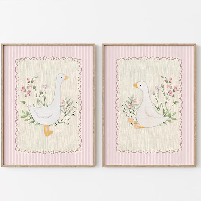 Vintage Nursery Wall Art Silly Goose Canvas Poster Pink Coquette Wall Decor Girls Room Pictures Baby Kids Poster Cute Animal Prints Floral Painting Artwork for Gallery Bedroom 16x24 Inch Unframed
