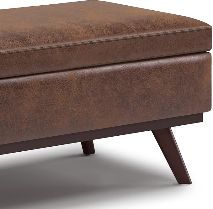 SIMPLIHOME Owen Lift Top Coffee Table Storage Ottoman - 42 inch Wide Upholstered Vegan Leather Rectangular Lift-Top Ottoman in Distressed Chestnut Brown, Mid-Century Modern Ottoman for Living Room