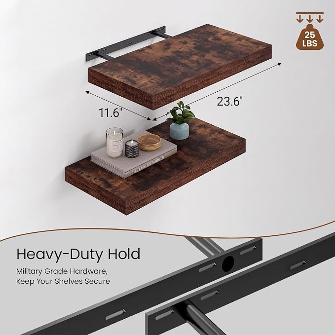 Heimlove 12" Deep Floating Shelves for Wall, 24 Inch Wall Mounted Shelf Set of 2 for Books Living Room Laundry Room Bedroom Kitchen Home Office, Rustic Brown