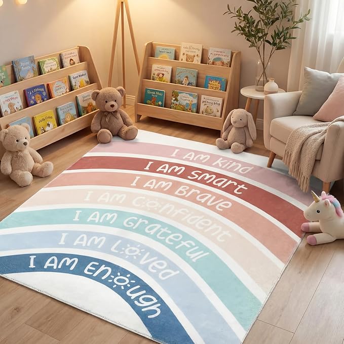 3.3 x 4 ft Boho Rainbow Classroom Rug Calming Corner Items Calm Down Reading Corner Emotion Soft Fluffy Mental Health Rug Anti-Skid Floor Mat for School Living Bedroom Playroom