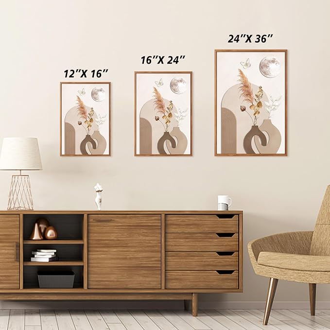 CHDITB Boho Neutral Framed Canvas Wall Art, Minimalist Line Art Woman Artwork, Pampas Grass Botanical Wall Decor, Beige Brown Painting, Abstract Geometric Art Prints for Living Room Bedroom 24"x36"x3
