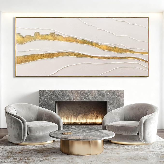VAYIMDH White and Gold Oil Painting Wall Art Abstract Wall Decor Line Hanging Art 32"x70" Large Artwork for Living Room Decorative Pictures for Office