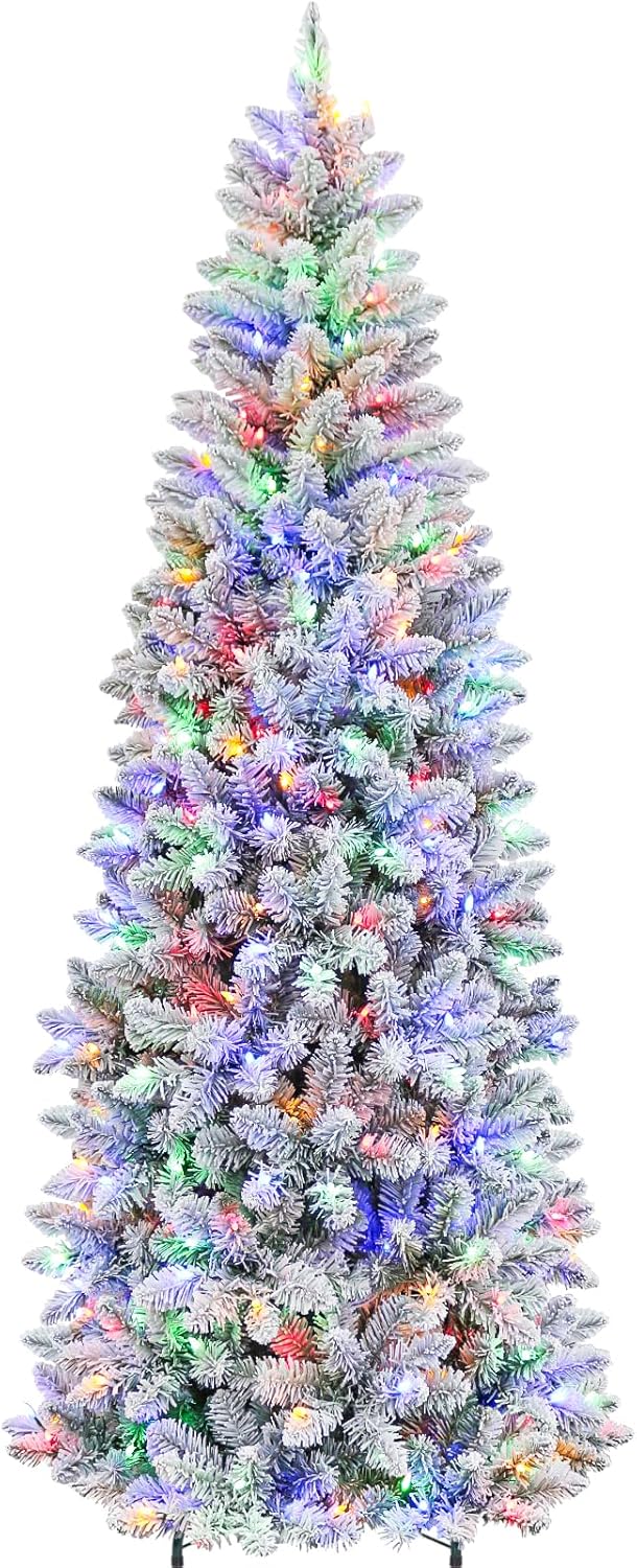 Hykolity 7.5 ft Pencil Prelit Christmas Tree, Artificial Slim Christmas Tree with 300 Multicolor LED Lights, 792 PVC Branch Tips, Metal Stand and Hinged Branches, 10 Modes