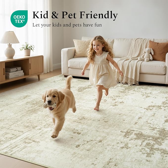 Rugflix 5x7 Area Rugs for Living Room, Washable Large Rug Stain-Resistant Low Pile, Modern Neutral Carpet for Dining Room Home Office Kid Room Nursery Bedroom, Beige