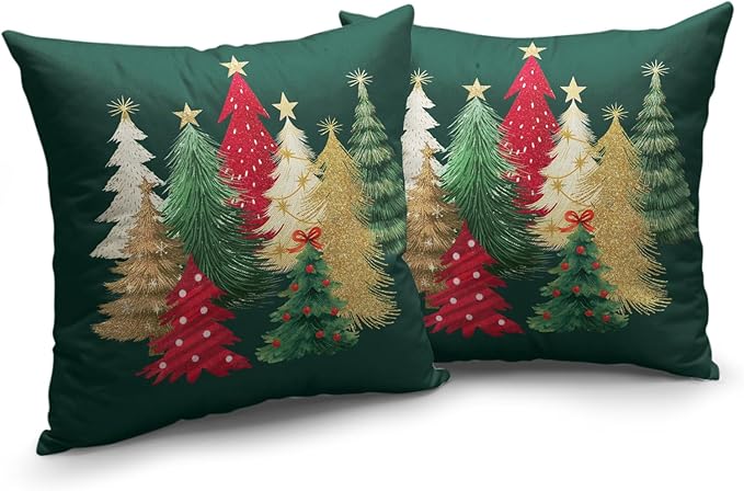 Green Christmas Pillow Covers 16x16 Set of 2 Colorful Xmas Tree Throw Pillow Covers Winter Holiday Decorative Pillowcase Double Sided Printing Cushion Case for Home Decor Sofa Couch