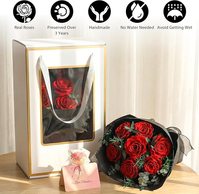 Flowers for Delivery, 7 Red Roses Preserved Flowers Bouquet with Gift Box, Forever Roses Mothers Day Gifts for Mom, Birthday Day Gifts for Women, Wife, Her, Grandma on Valentines Anniversary Proposal