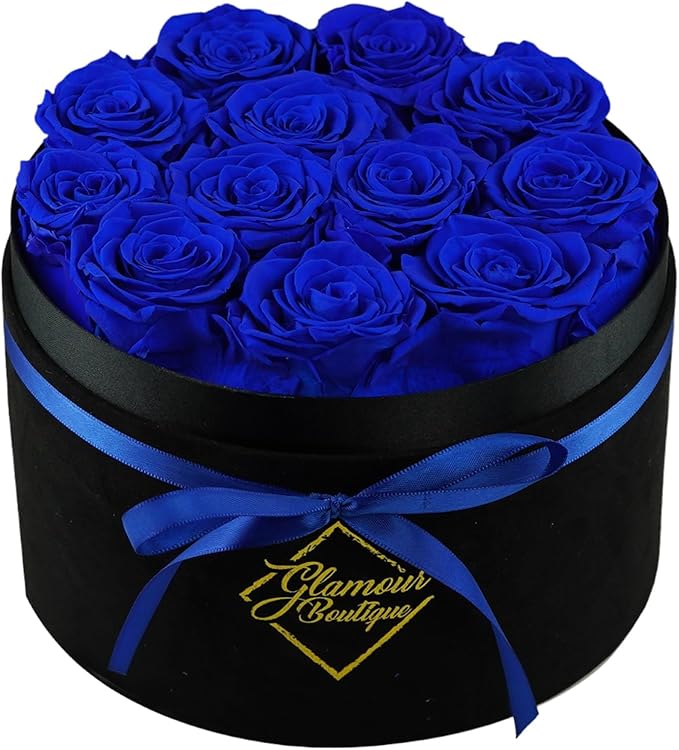 GLAMOUR BOUTIQUE Flowers Forever Gift Box, 12 Real Preserved Roses in Velvet Black Box, Floral Gift for Wife, Mom or Her for Birthday, Mother’s Day, Anniversary or Graduation, Blue (Color-Treated)
