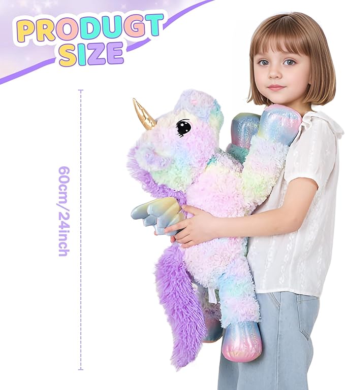 FFxiong 24 Inch Rose Rainbow Colors Unicorn Stuffed Animal Plush Toy with Wings Soft Cute Large Unicorn Plushies Animals Pillow Gift for Children Boy Girl Kids Birthday Valentine Room Decorations