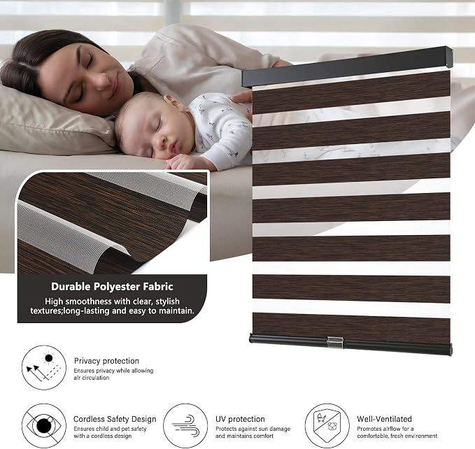 AOSKY Custom Cordless Zebra Blinds for Windows Pull Down Roller Window Shades Dual Layer Light Filtering Privacy for Day and Night, Free-Stop Door Shades for Home Brown
