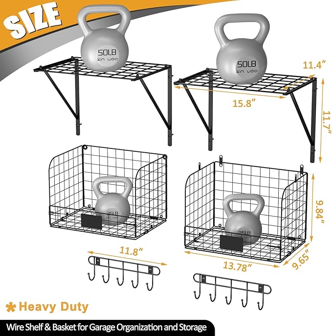 ThreeHio 2 Pack Garage Shelves Wall Mounted with Wire baskets, Heavy Duty Garage Wall Shelving with Hooks, Wire Shelf Baskets Tool Organizer for Home Garden Garage Organization and Storage