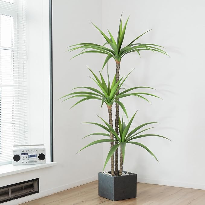Artificial Tree 6ft Faux Agave Plant with 3 Heads in Pot Fake Tree for Home Decor Indoor or Outdoor Office Decoration,Farmhouse,Store Floor Decor Housewarming Gift(1 Pack)