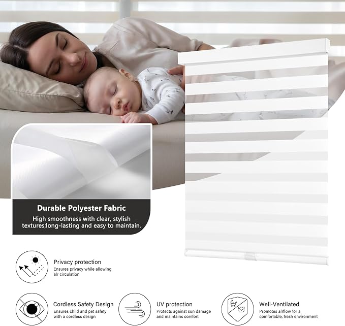 AOSKY Cordless Zebra Blinds for Windows Pull Down Roller Window Shades Dual Layer Light Filtering Privacy for Day and Night, Free-Stop Door Shades for Home Easy to Install (70" W X 72" H, White)