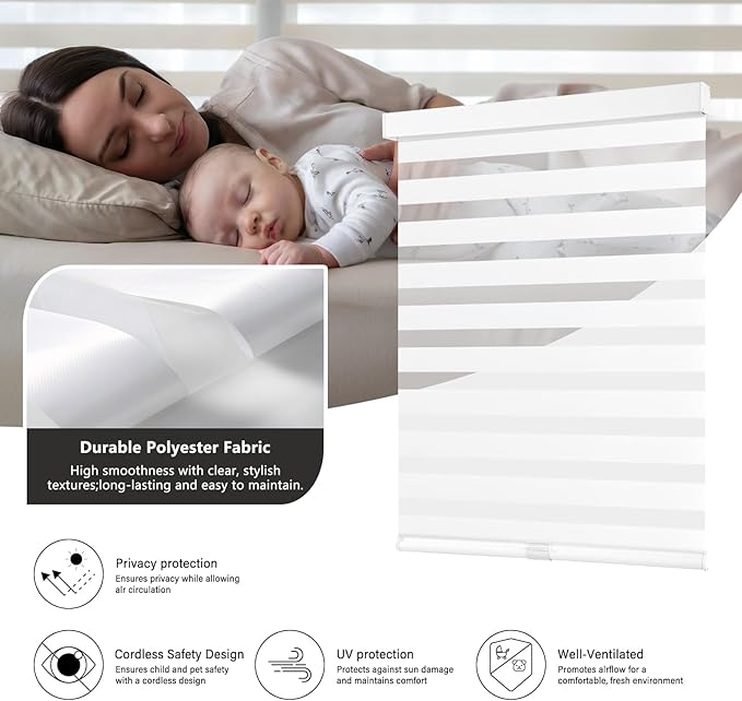 AOSKY Cordless Zebra Blinds for Windows Pull Down Roller Window Shades Dual Layer Light Filtering Privacy for Day and Night, Free-Stop Door Shades for Home Easy to Install (60" W X 72" H, White)