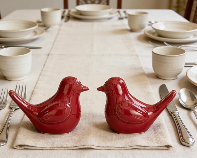 Small Red Bird Statue Ceramic 2-Piece Set, 3¾ inch Cute Knick Knack for Home Office Shelf Desk Decor